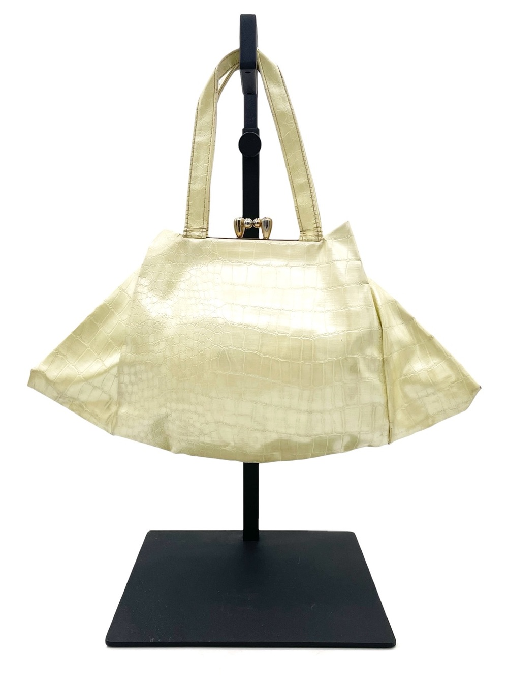 Vintage 1960s Butter Yellow Croc Embossed Kiss Lock Frame Handbag Purse Mod 60s
